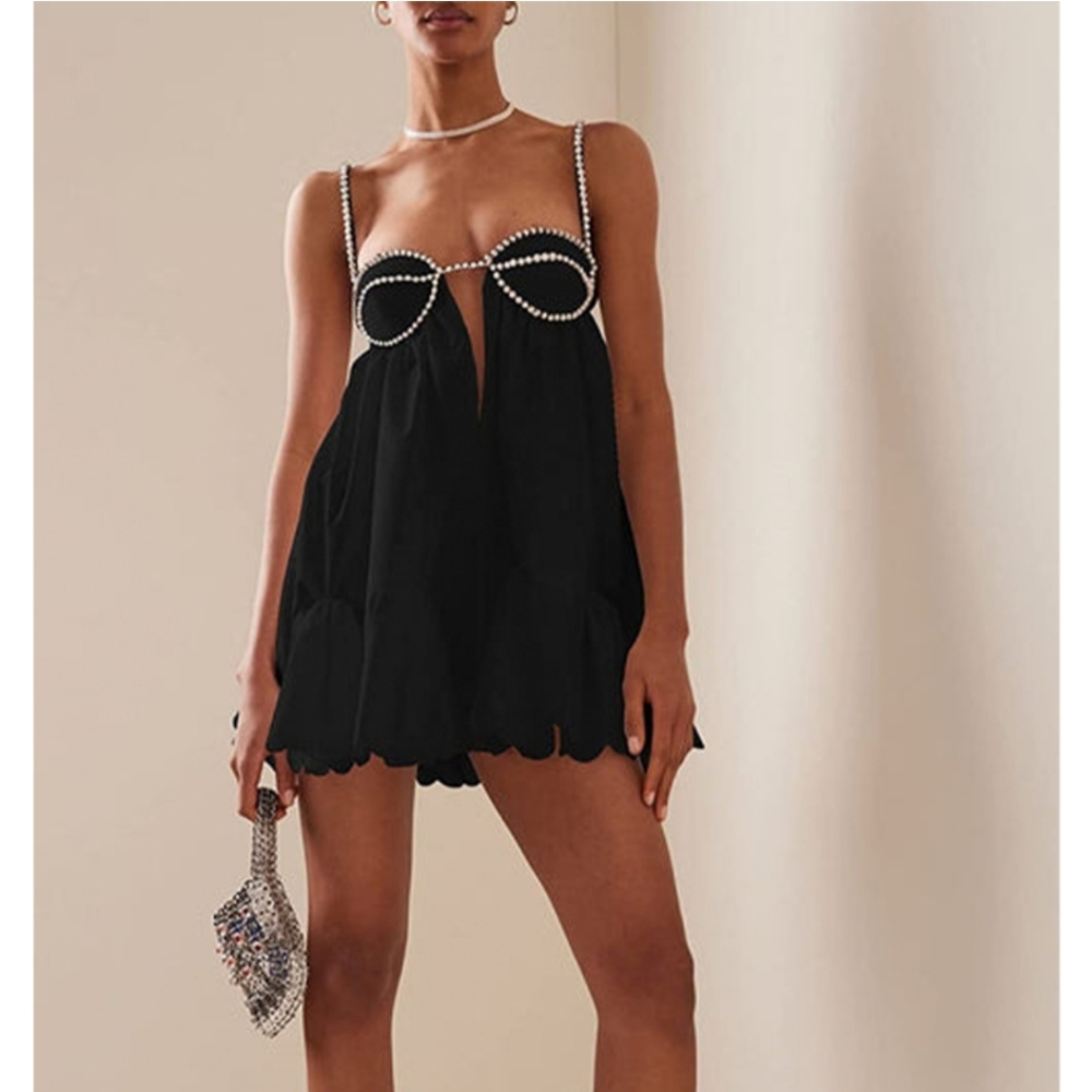 Micas V-neck Rhinestone Decor Mini Dress